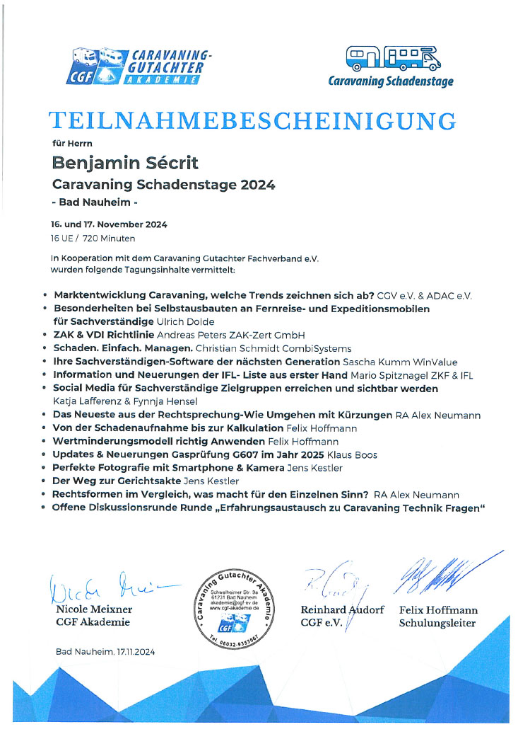 CGF Teilnahmebestätigung - Dipl.-Ing. Benjamin Sécrit