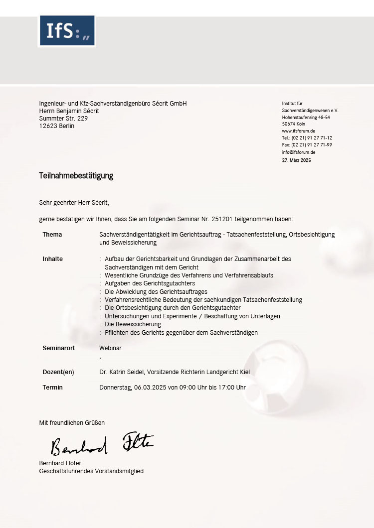 IfS Teilnahmebestätigung - Dipl.-Ing. Benjamin Sécrit