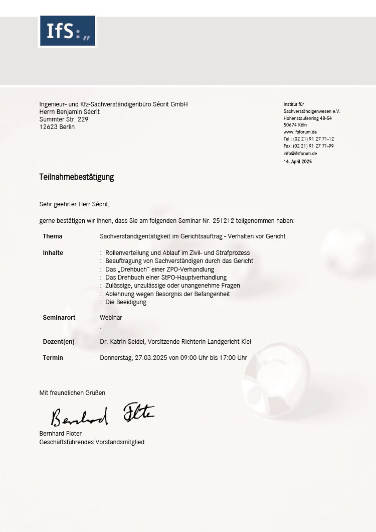 IfS Teilnahmebestätigung - Dipl.-Ing. Benjamin Sécrit