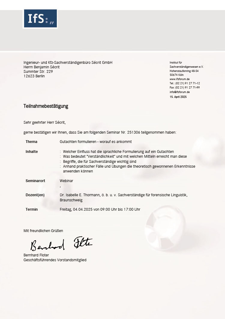 IfS Teilnahmebestätigung - Dipl.-Ing. Benjamin Sécrit