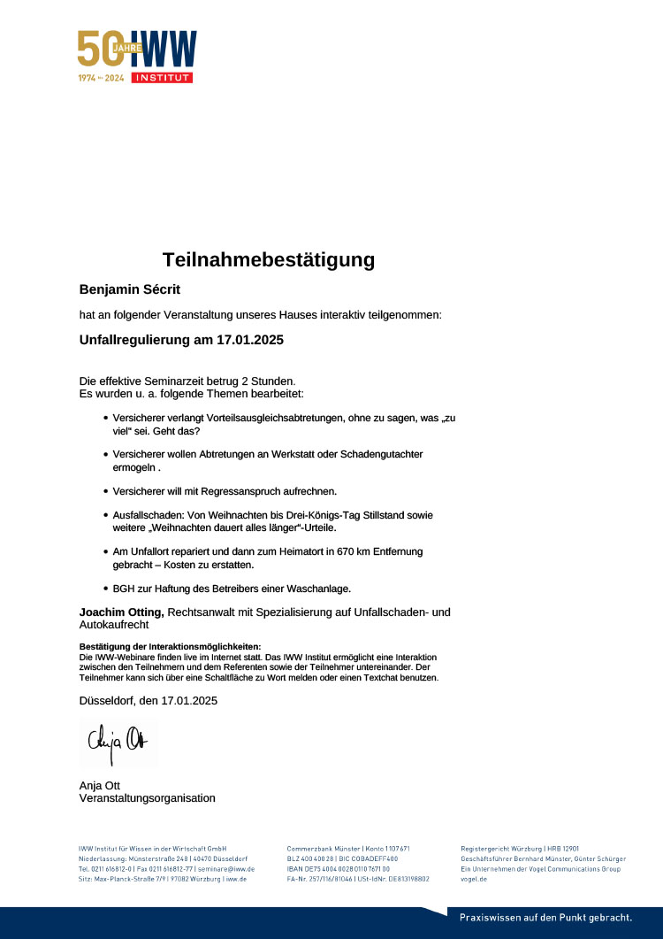 IWW Teilnahmebestätigung - Dipl.-Ing. Benjamin Sécrit