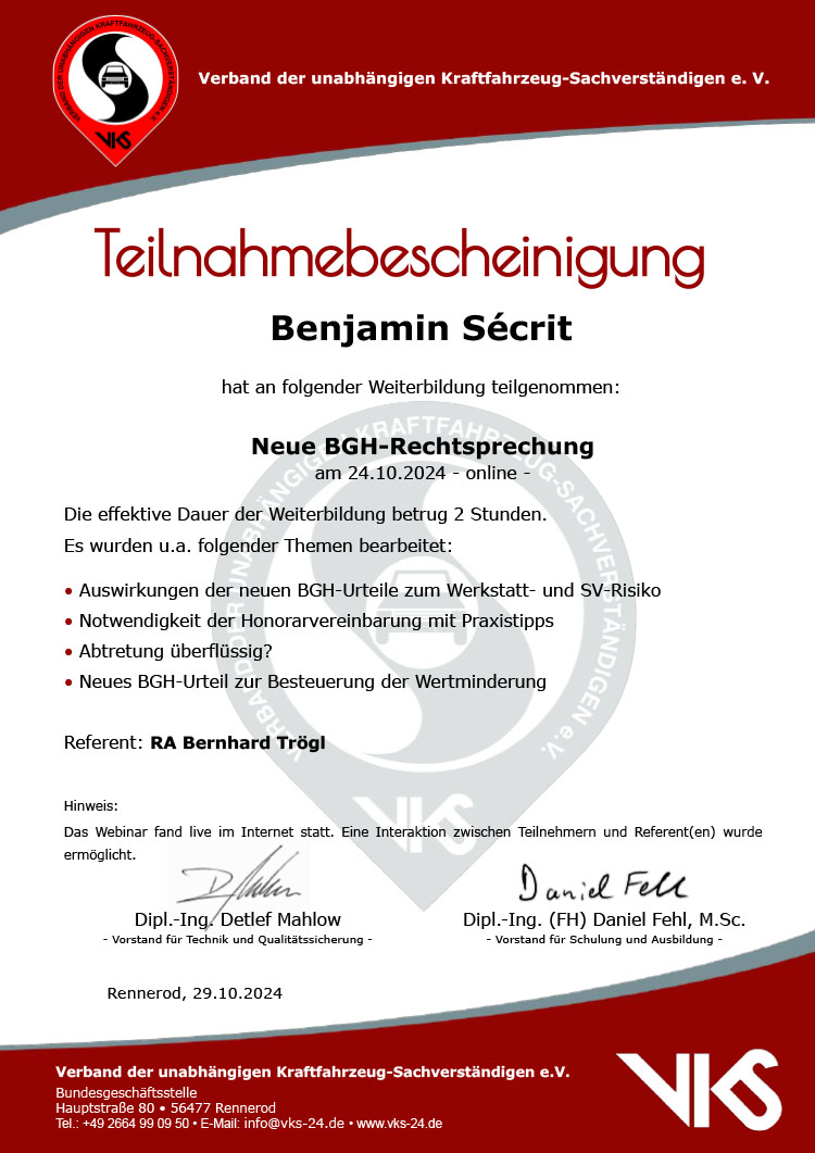 BGH-Rechtsprechung Teilnahmebestätigung - Dipl.-Ing. Benjamin Sécrit