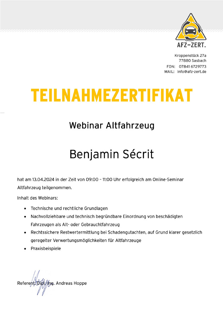Altfahrzeug Teilnahmebestätigung - Dipl.-Ing. Benjamin Sécrit